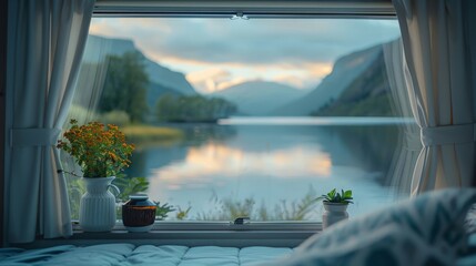 Vibrant n RV's window with curtains pulled back to reveal a breathtaking view of a lake.