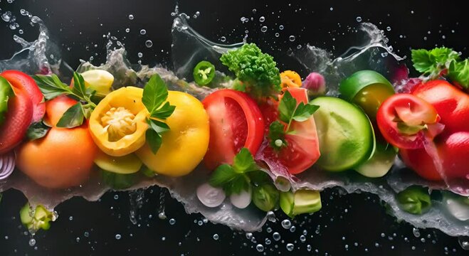 Super Slow Motion Shot of Flying Cuts of Colorful Vegetables and Water Drops on Black background