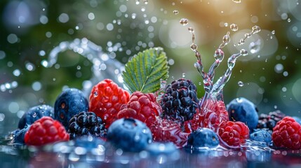 Fresh berries falling into water with splash and drops of water on background
