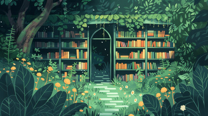 A mystical bookstore surrounded by lush greenery with a garden path that leads to a secret garden filled with enchanted books. - obrazy, fototapety, plakaty