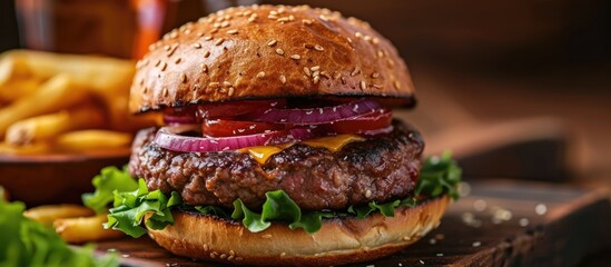 Rare juicy cheeseburger topped with a fried egg.