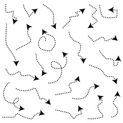 Set of black dotted arrows in doodle style. Broken arrows in the form of a loop. Flow direction. Pointers to the wire, up, down. Curved line. Vector illustration 1 2 3