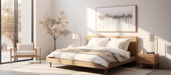 Neutral bedding on bed with wooden headboard in minimal bedroom setting with artwork and chair adjacent to window