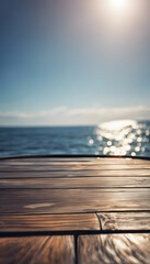 Fototapeta na wymiar Wooden deck overlooking a calm sea with sunlight reflecting on water, concept of travel and relaxation.