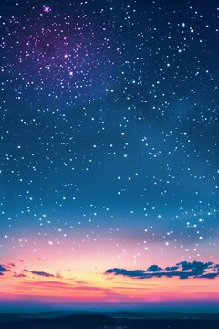 Vertical Seamless Illustration of Horizon with Stars in Twilight Sky, Repeating Pattern