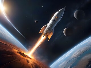 Obraz premium Spacecraft Launch amidst Starlit Sky,Spaceship and moon hover above a serene landscape, where the night sky meets the gentle glow of stars and the luminous presence of the moon, casting a spellbinding