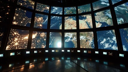 A panoramic view of Earth from one of the many observation windows displaying different parts of the globe at different times of day.
