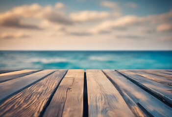 Wooden pier with blurred ocean and sky background, tranquil seascape, copy space.