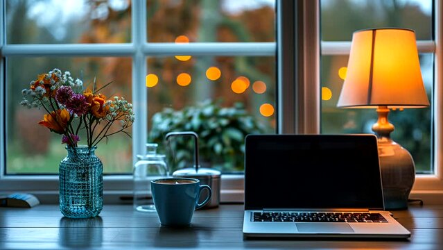 Coffee and laptop on the table at home in the morning. seamless looping 4k time-lapse animation video background