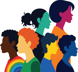 Silhouettes of people, men, women as an end to the inclusiveness of the lgbtq community, pride, rainbow colors. Vector stock illustration with homosexuals isolated