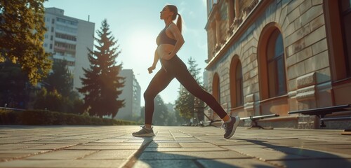full body portrait,Sporty woman having outdoor fitness workout on city street on sunny morning. Fit young girl in black sportswear doing leg exercises while standing on concrete urban sportsground sur - obrazy, fototapety, plakaty
