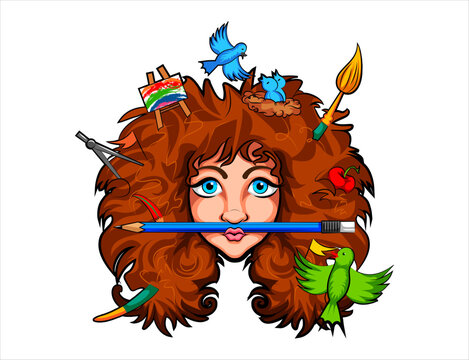 Woman With Big Hair, With Pencil On Her Nose And Random Things In Her Hair, For Tattoo Print, In Vector