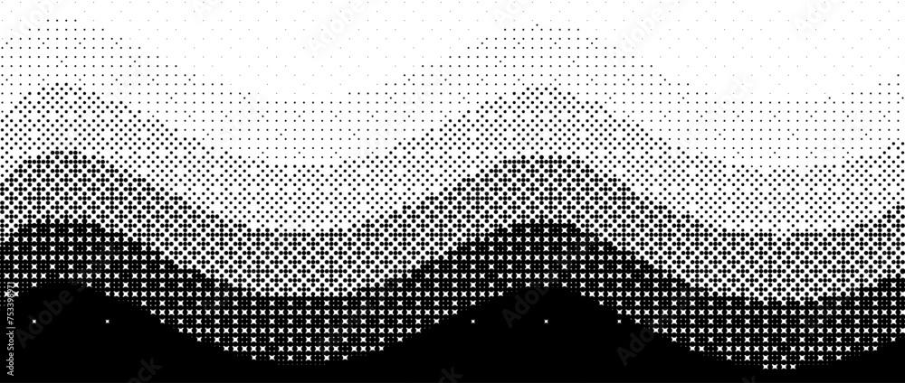Poster Pixelated wave line gradient texture. Black dithered gradation background. Retro bitmap video game wallpaper. Vintage undulate pixel halftone 8 bit overlay print. Vector wiggly striped fading backdrop