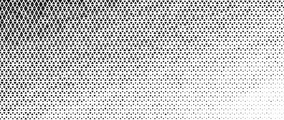 Hexagon halftone fading gradient texture. Abstract black grain grunge gradation background. Vanishing honeycomb grunge overlay. Geometric retro tech wallpaper. Hexagonal pattern backdrop. Vector