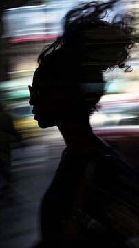 blurred woman glasses traversing shadowy city mixed race credit african slender nose anorexic figure cuba