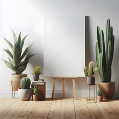 Interior of modern living room with white walls, wooden floor, beige and brown plants in pots. 3d render  Generative AI 