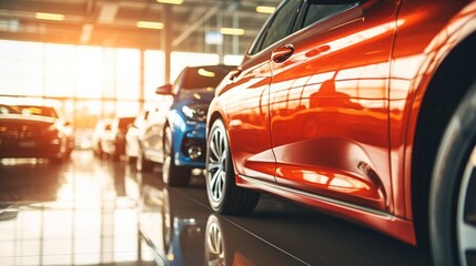 A close-up view of a shiny red car in a showroom with other vehicles in the background. The focus is on the front headlight and grille area - obrazy, fototapety, plakaty