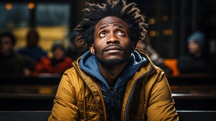 young african american man with afro hairstyle looking up - obrazy, fototapety, plakaty