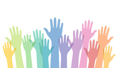 Colorful hand up vector. People raise hands in flat design on white background.