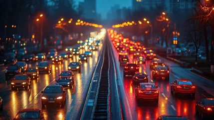  Busy traffic on the highway at night with beautiful city lights and car headlights © siti