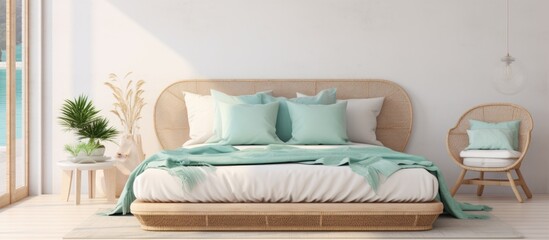 Minimalist bedroom with white and aquamarine colors a comfy bed with coral bedding and plain wicker wall decor