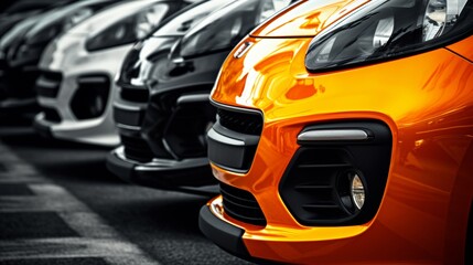 A lineup of colorful luxury cars in a show room, showcasing a prominent yellow car in front with a focus on the headlight and grille - obrazy, fototapety, plakaty