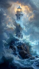 lighthouse rocky shore stormy sky breathtaking wave god poseidon realms - obrazy, fototapety, plakaty