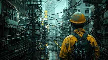Fototapeta premium Engineers stand and look at the old city, with old buildings and electrical wires all over the place, undeveloped city