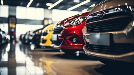 A vibrant lineup of sports cars with a focus on a red car's front. The blurred background shows various colorful cars arranged in a row