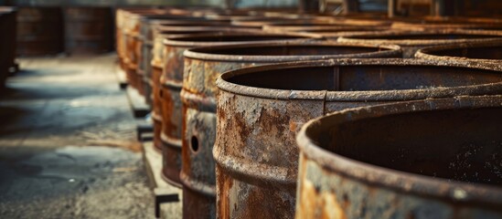 Fototapeta premium Rusty barrels lining up in rows.
