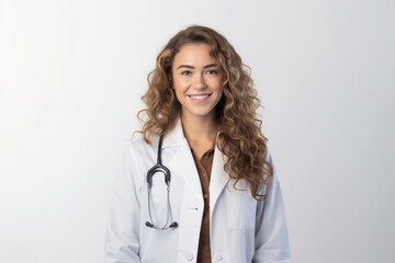 Young Female Doctor in White Coat Standing in Studio: Confident and Friendly Healthcare Professional.