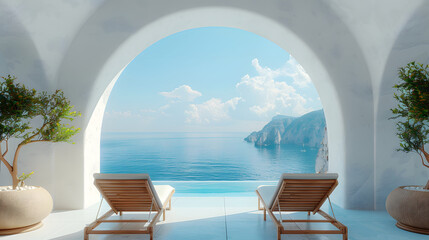 Fototapeta premium A pool with chairs, a potted tree, and a view of the ocean.