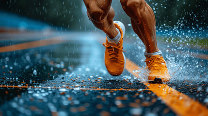 Close-Up of Athlete's Running Shoes on Wet Track