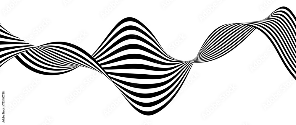 Poster Black and white wavy bent ribbon element. 3D curve stripe shape background. Liquid abstract line wallpaper for banner, flyer, poster, presentation, brochure. Optical illusion art cover. Vector 