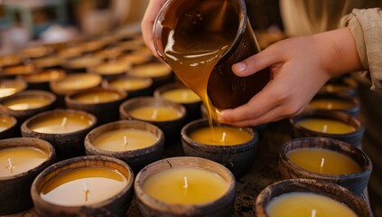 A person pouring honey into small, handcrafted candles in beautiful bowls, creating an atmosphere of warmth and tranquility