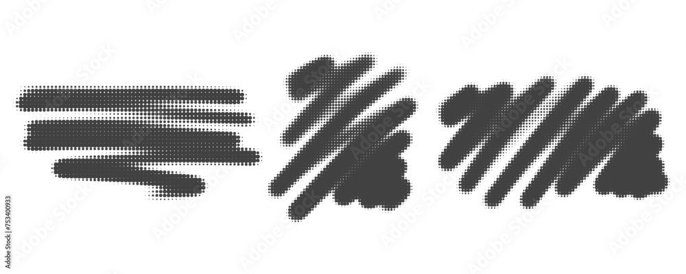Poster halftone noisy gradient paint brush stroke. dotted vector blobs. abstract grunge elements isolated o