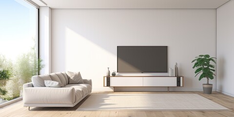 Contemporary minimalistic living room design, featuring white walls, door, TV, speakers, wooden floor, and sofa. Available apartment for lease.