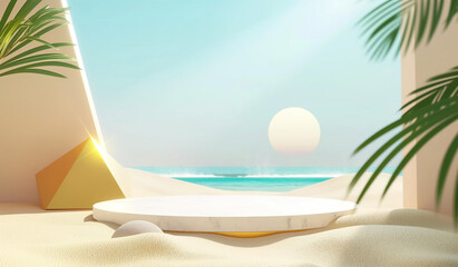round object on the sand next to a tropical scene, in the style of minimalist stage designs,...