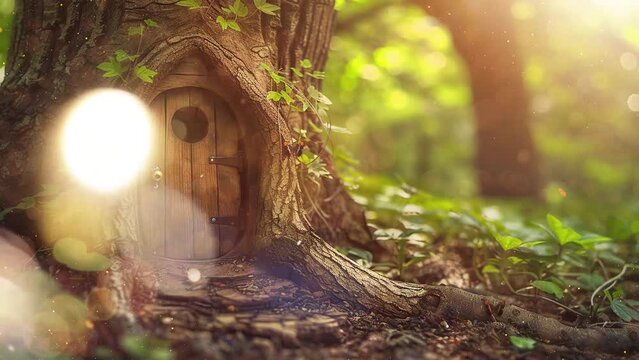 fairytale forest house little wooden fairy door. seamless looping overlay 4k virtual video animation background