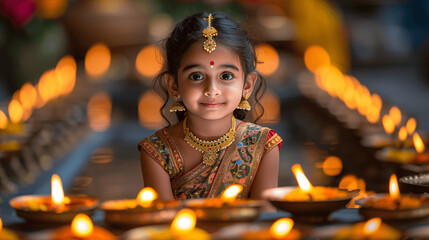 Young Girl Smiling in Traditional Indian Attire Amidst Diya Lamps