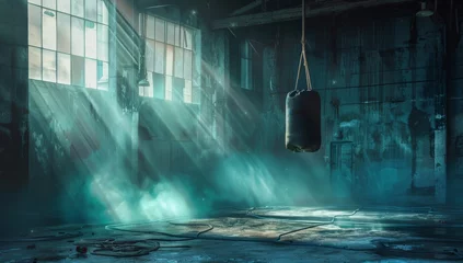 Zelfklevend Fotobehang A boxing ring with ropes, a boxing bag, and dramatic lighting in an abandoned warehouse © Evandro