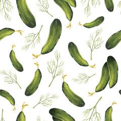 Seamless pattern of cucumbers and dill. Watercolor illustration of green vegetables and herbs. For textile design, packaging and backgrounds