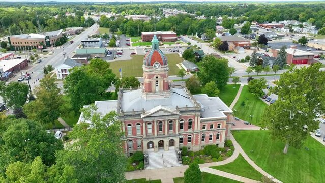 Aerial Orbit of Elkhart County Courthouse with Clear Skies