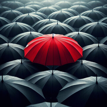 Illustration of red umbrella among the black umbrellas.
