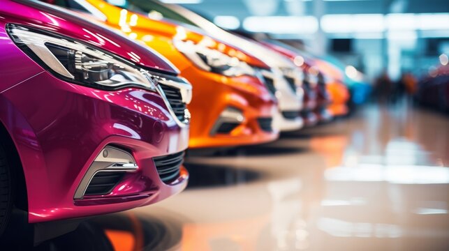 A close-up view of a shiny red car in a showroom with other vehicles in the background. The focus is on the front headlight and grille area