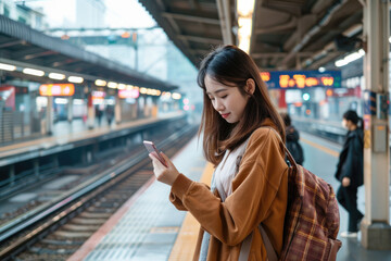A Young asian woman standing on the platform of a train station consulting the mobile phone