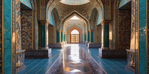 Inside the mosque, intricate patterns adorn the walls, while shafts of light filter through stained glass, casting colorful hues across the prayer hall