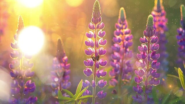 magical lupine flowers glowing by sunlight. nature background with beautiful purple flowers in sunlight. seamless looping overlay 4k virtual video animation background