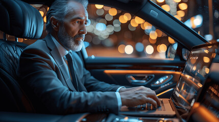 Mature Businessman Working on Laptop in Luxury Car at Night