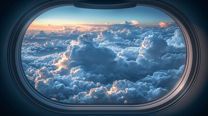 Majestic Cloudscape Viewed Through Airplane Window at Sunset